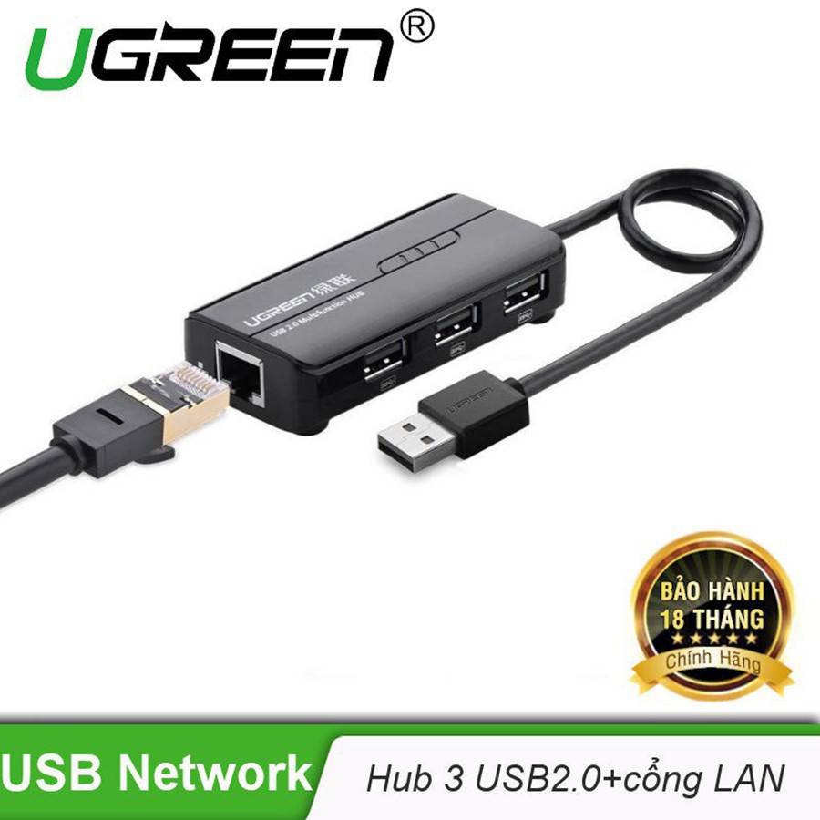 Cáp chuyển USB 2.0 sang LAN+3 cổng USB Cao Cấp Ugreen 20264 RC103 Chính Hãng màu đen