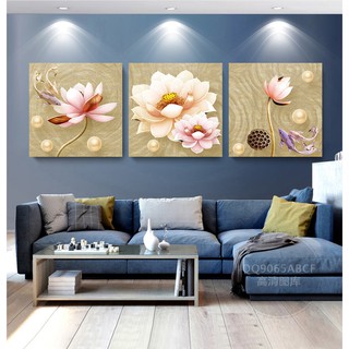 Bộ 3 Tranh Treo Tường Canvas Hoa Sen Và Cá 30 x 30 cm x 3 TTT-0390