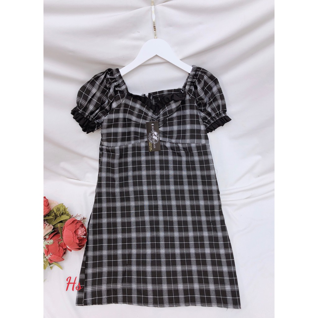 Váy Kẻ Caro Đen Viền Bèo Ngực Tay trong bộ sưu tập váy nữ đẹp 2021, Set Váy xinh Chất Liệu Thô ôm body - HT STORE | BigBuy360 - bigbuy360.vn