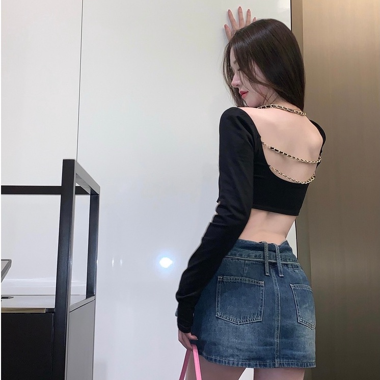 Áo thun crop top dệt kim ZHELIHANGFEI hở lưng phối dây xích trẻ trung quyến rũ thời trang cho nữ
