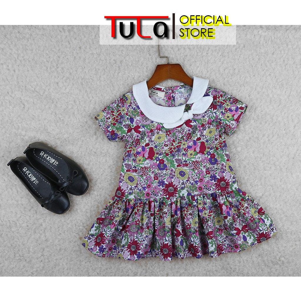 Váy Đầm Cho Bé Gái Phối Màu Họa Tiết Hoa Nhí Tím Hồng Cực Xinh Vải Thô Hàn Quốc
