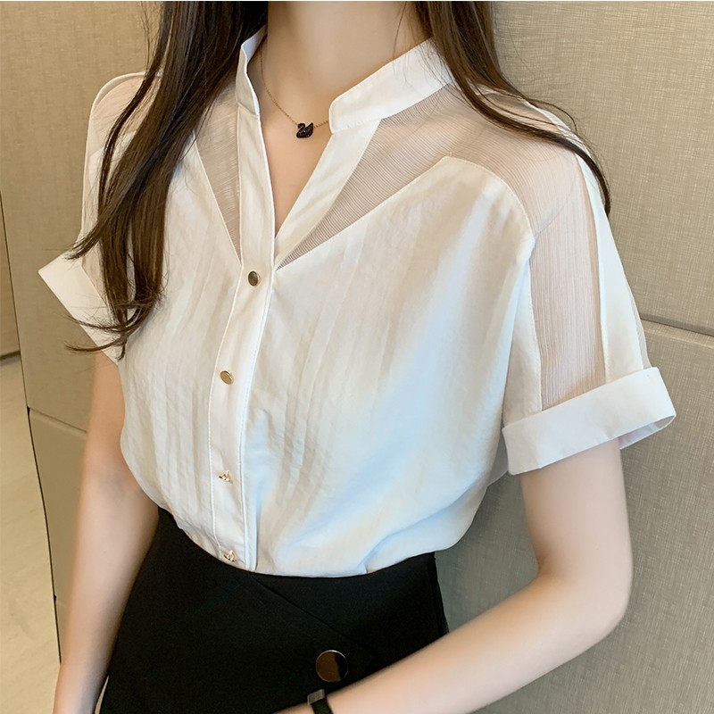 A79- Áo sơ mi voan nữ ngắn tay mẫu mới mùa hè 2021 thời trang áo blouse cổ chữ V