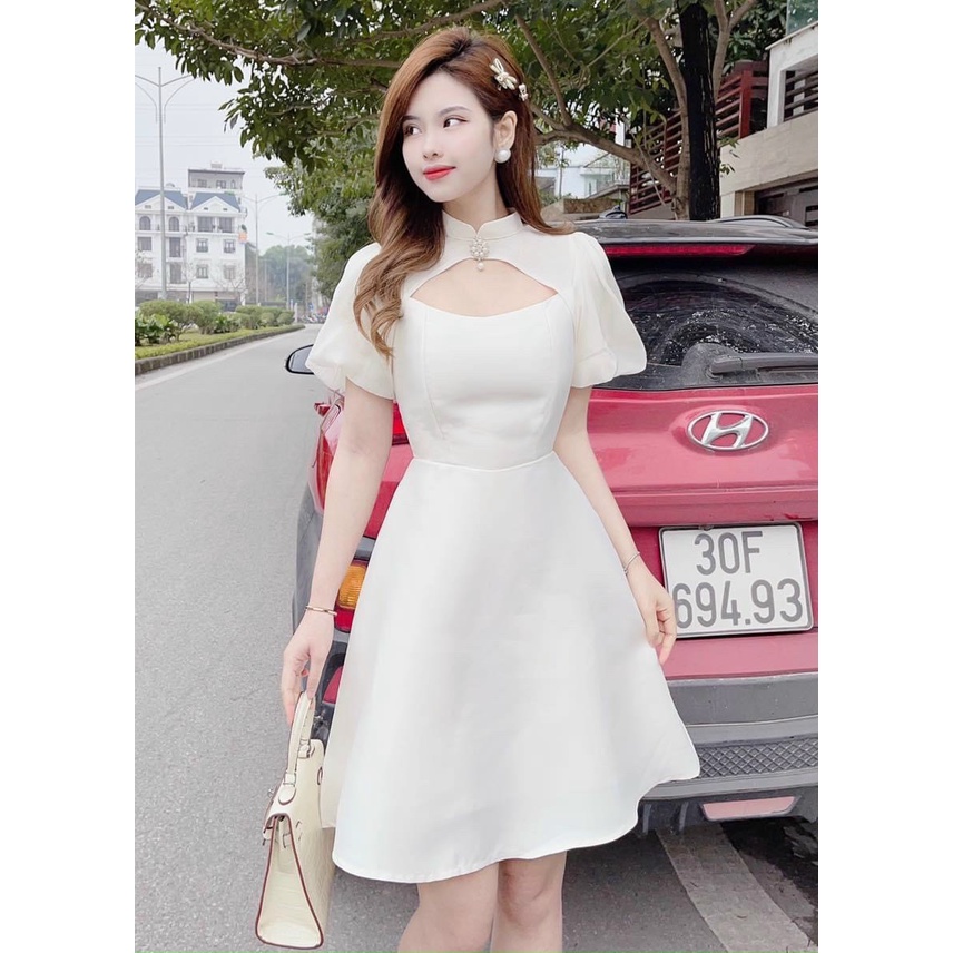 Đầm váy nữ cổ tàu tay phồng đính nút ngọc nhẹ nhàng, xinh xắn dành cho các nàng đi dự tiệc