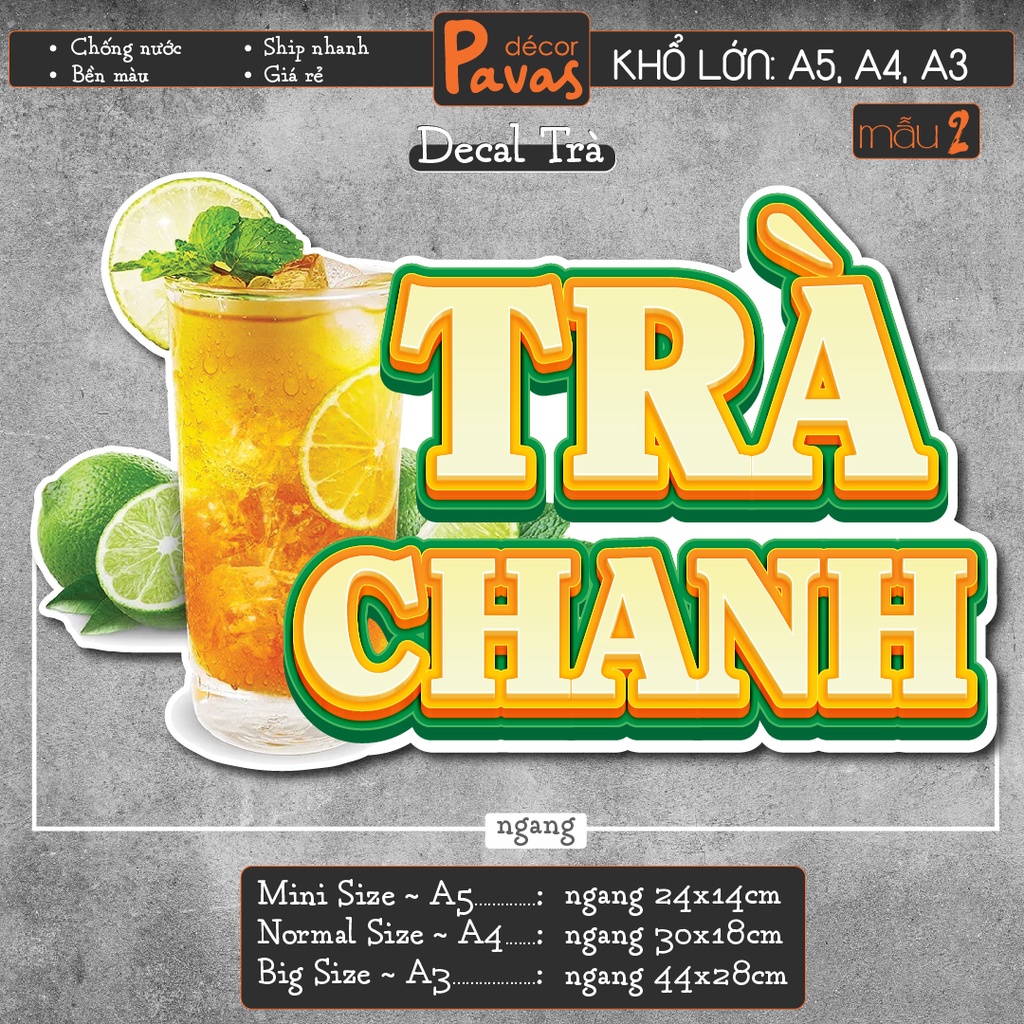 Decal Trà Vải, Trà Chanh, Trà Đào, Trà Dâu, Trà Tắc chống nước trang trí dán quán trà sữa, cà phê, quán ăn,tủ kính TTQ05