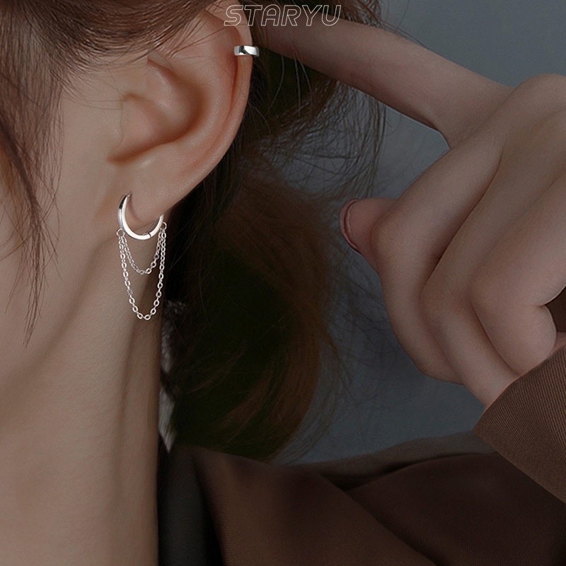 Khuyên tai bạc 925 hình tròn phối chuỗi dây xích phong cách Hàn Quốc thời trang cá tính cho nữ