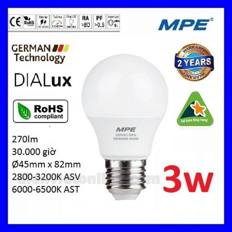 Bóng đèn Led buld 3w MPE ánh sáng trắng, vàng chuẩn hàng chính hãng