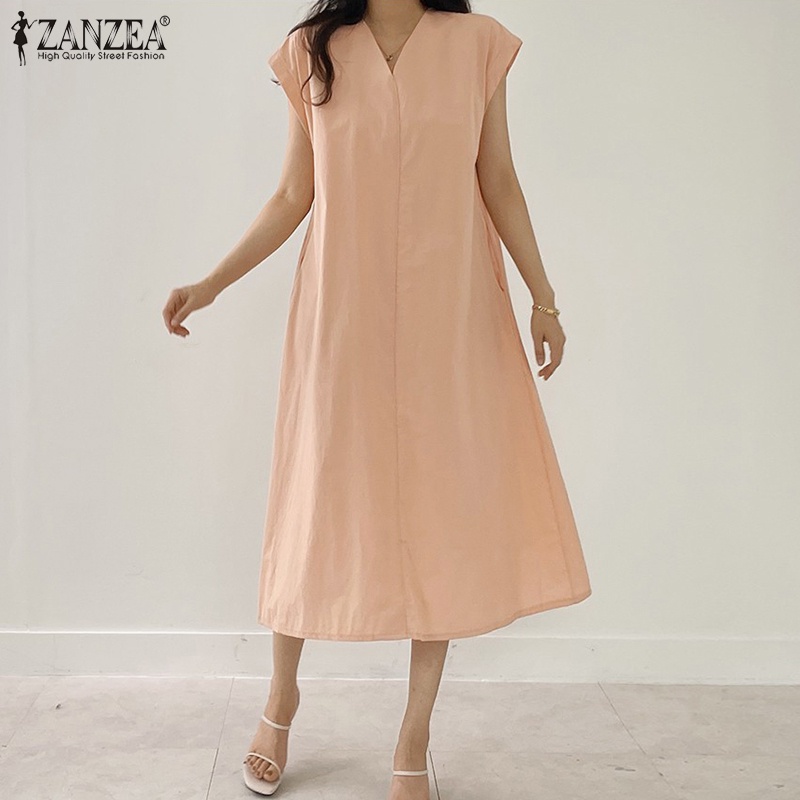 Zanzea Đầm Chữ A Tay Ngắn Cổ Chữ V Thời Trang Sành Điệu Cho Nữ