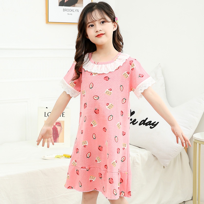 Đồ ngủ dáng chữ A chất liệu cotton phối ren in họa tiết hoạt hình 2021 dành cho bé gái 2-12 tuổi