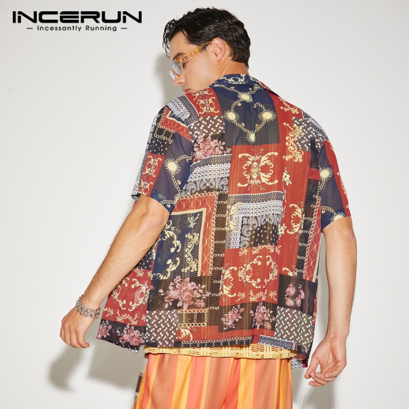 INCERUN Áo Sơ Mi Ngắn Tay Dáng Rộng Họa Tiết Dân Tộc Retro Dành Cho Nam