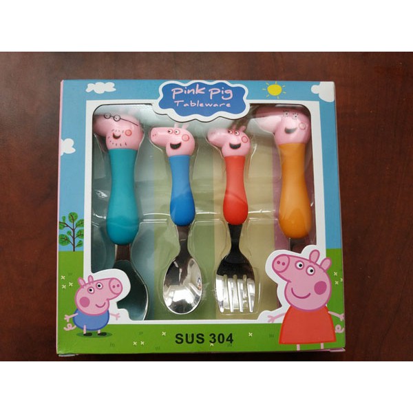 Bộ 4 món muỗng, thìa, dĩa ăn cho bé hình gia đình Peppa Pig