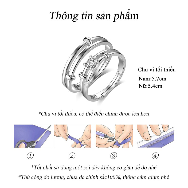 Nhẫn đôi Nam nữ Mạ bạc Đính Đá Không phai màu có thể điều chỉnh Trang sức NH-009