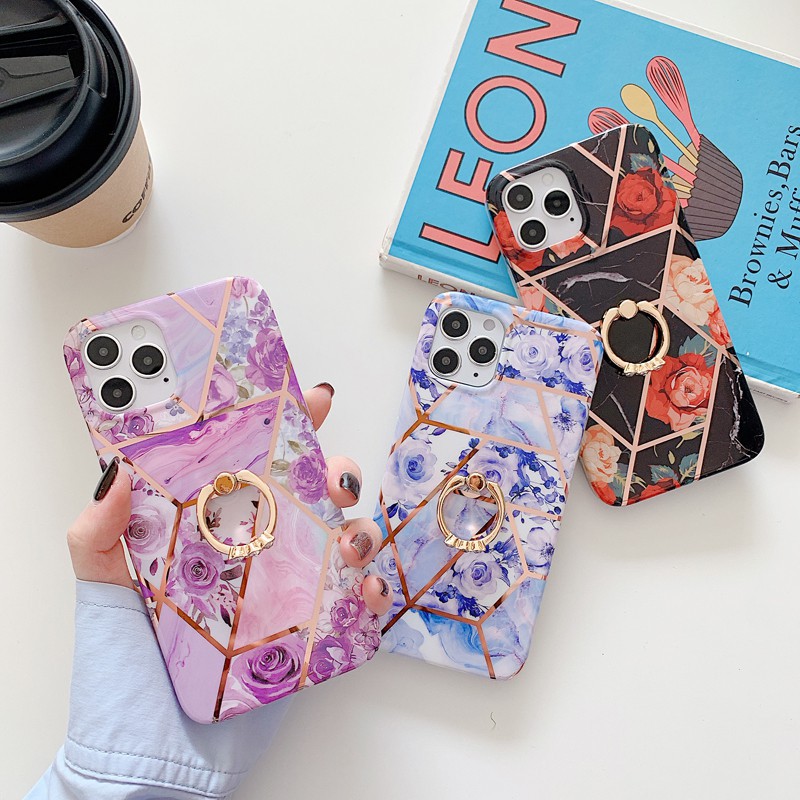 Case Samsung Galaxy Note 20 Ultra Note 10 Plus Note 9 Note 8 S20 Ultra S20 Plus S10 Plus S10e S9 Plus S8 Plus A21S M21 M30S A51 A71 5G A41 A70 A50 A50S A40 A30S Electroplate Marble Rose Flower Ring Stand Case Cover