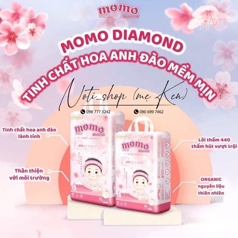 [HCM] Bỉm tã dán/quần MOMO DIAMOND ORGANIC S64/ M60/L54/XL50/XXL48/XXXL46 tinh chất hoa anh đào