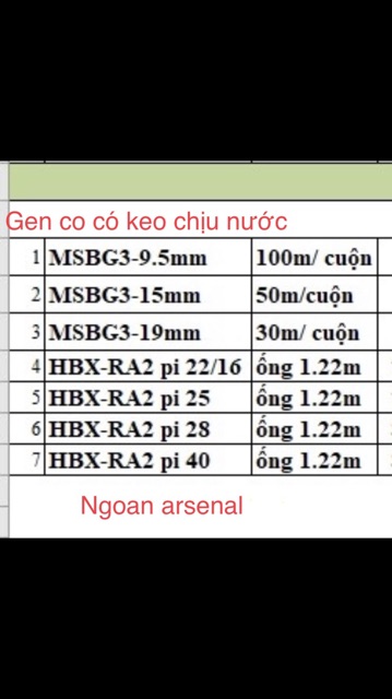 Mục 9: bổ xung gen co loại đặc biệt: gen co có keo dầu chịu nước từ phi  9.5mm đến phi 40mm.