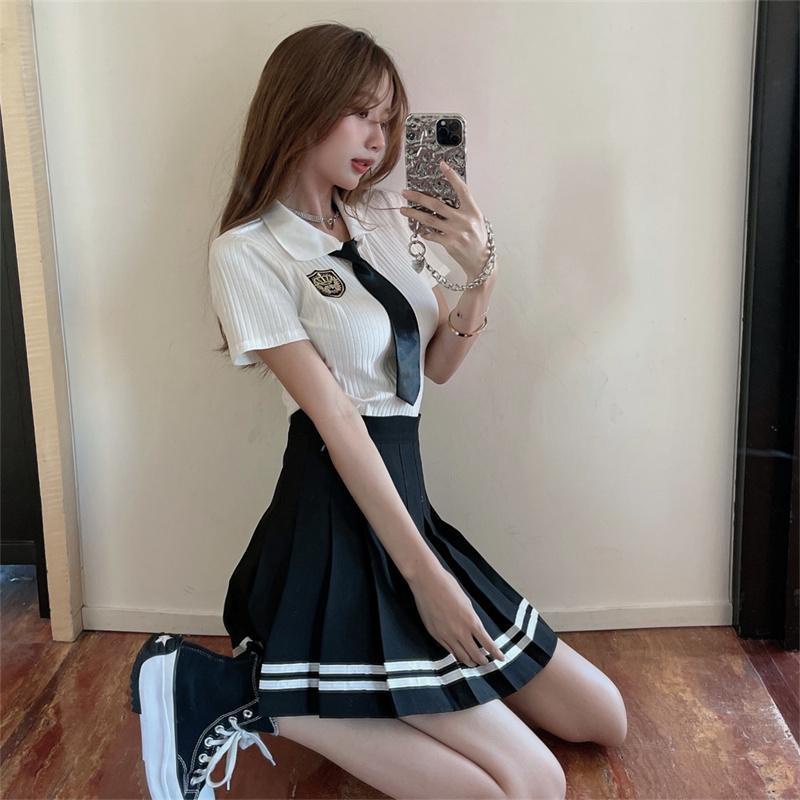 Jiashucheng Bộ Đồng Phục Nữ Sinh Gồm Áo POLO Ngắn Tay Và Chân Váy Xếp Ly Phối Cà Vạt Phong Cách Preppy Anh Quốc