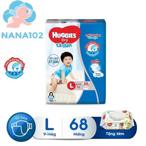 ( tặng khăn ướt)Tã bỉm dán Huggies L68