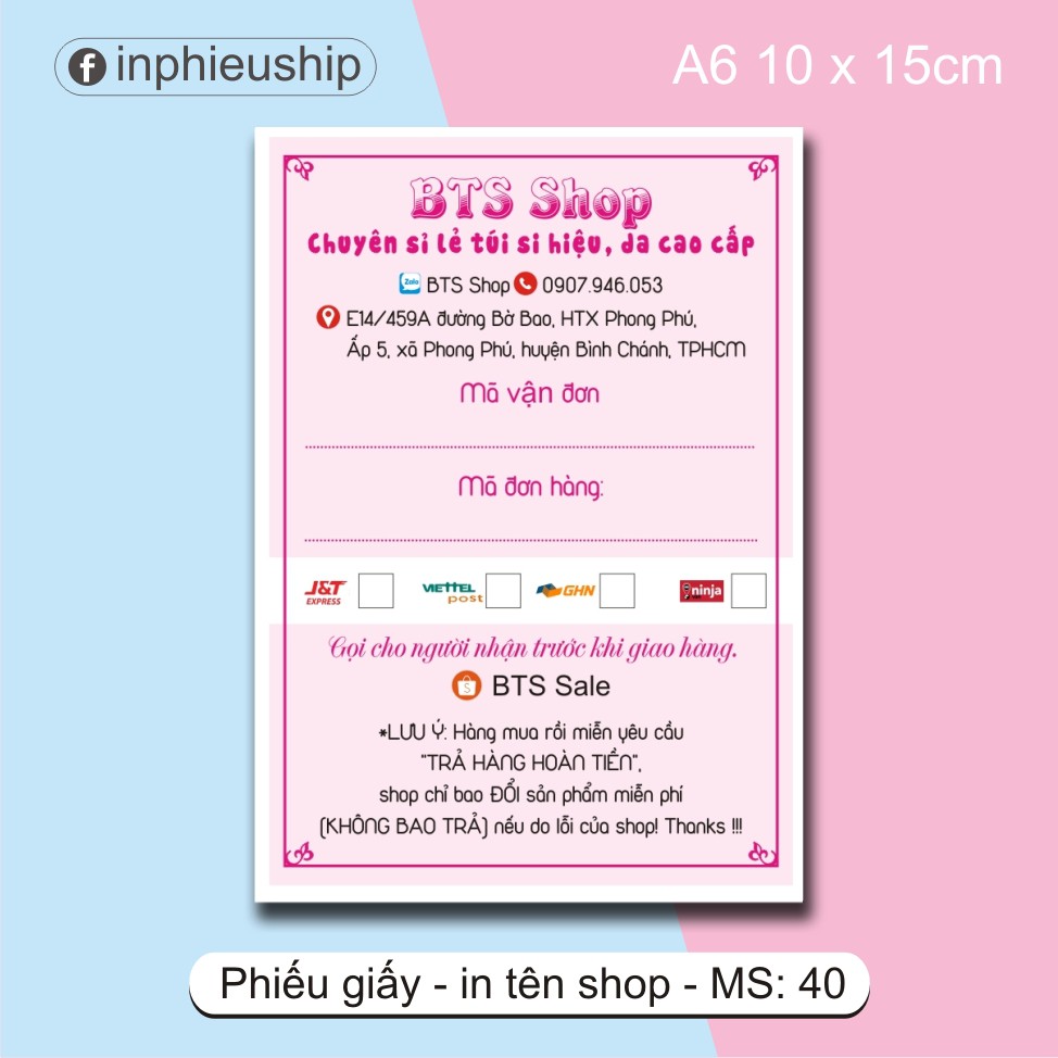 Phiếu ship hàng có keo BTS Shop
