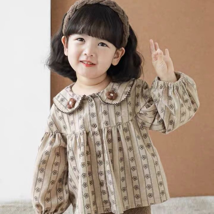 [Babycat] Áo Sơ Mi Cotton Trơn Dáng Rộng In Hình Phong Cách Nhật Bản Hàn Quốc Thời Trang Mùa Thu Đơn Giản Dành Cho Bé Gái