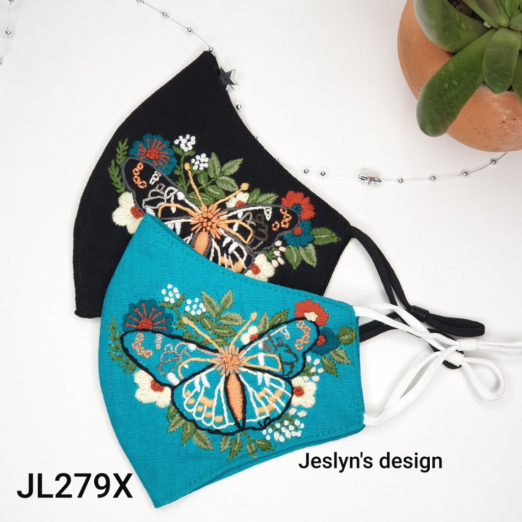 Khẩu trang thêu tay vải linen bươm bướm và hoa JL279X-Hand embroidered masks | BigBuy360 - bigbuy360.vn