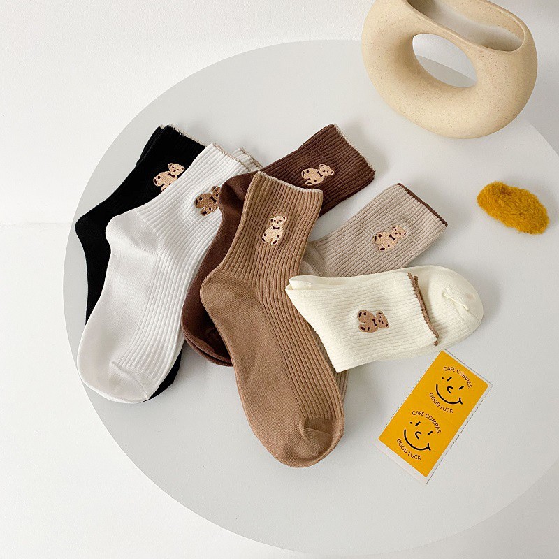Tất bèo nữ cổ cao, vớ cổ cao vải cotton thêu hình chú Gấu Teddy phong cách thời trang Hàn Quốc - TD68 [Set 5 Đôi ]