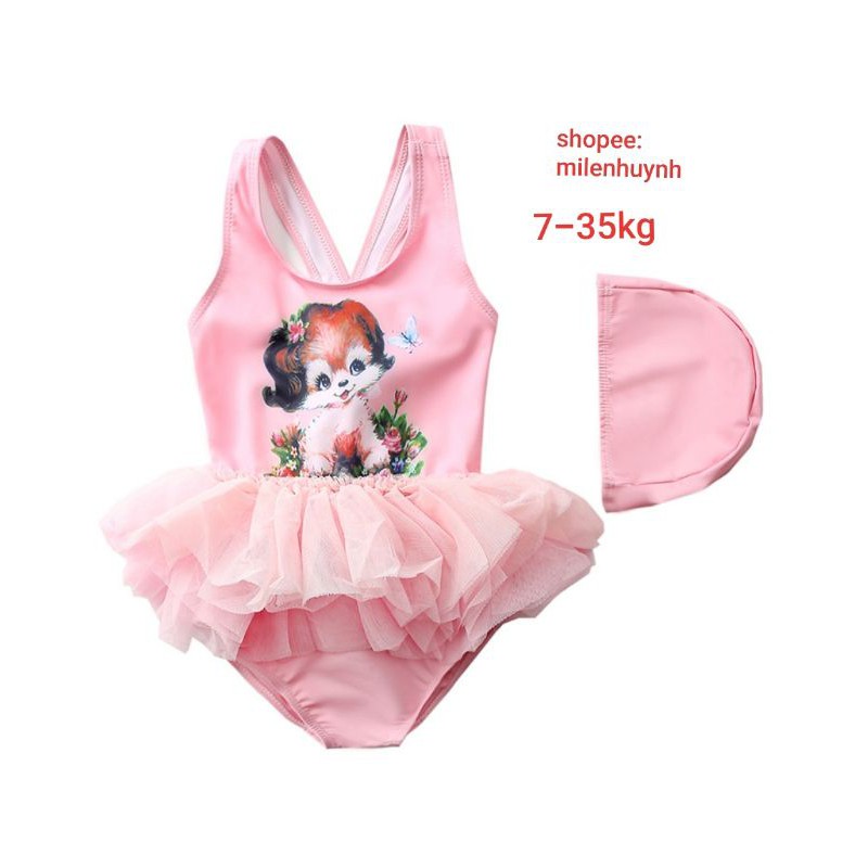 Bikini màu hồng tùng xòe cho bé gái 7-35kg mẫu mèo con xinh đẹp và giỏ hoa