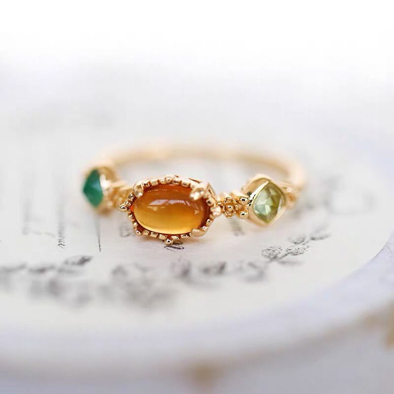 Japanese agete same paragraph 20 years of autumn and winter new natural amber green agate peridot s925 silver ring