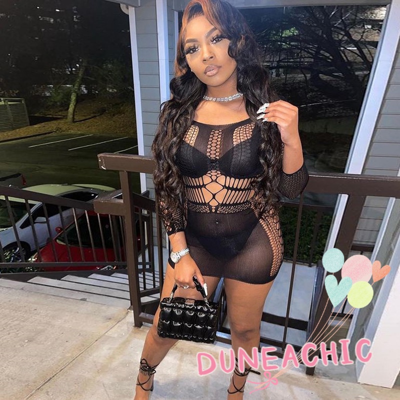 DUNEA Đầm Tay Dài Phối Lưới Thời Trang Quyến Rũ Cho Nữ