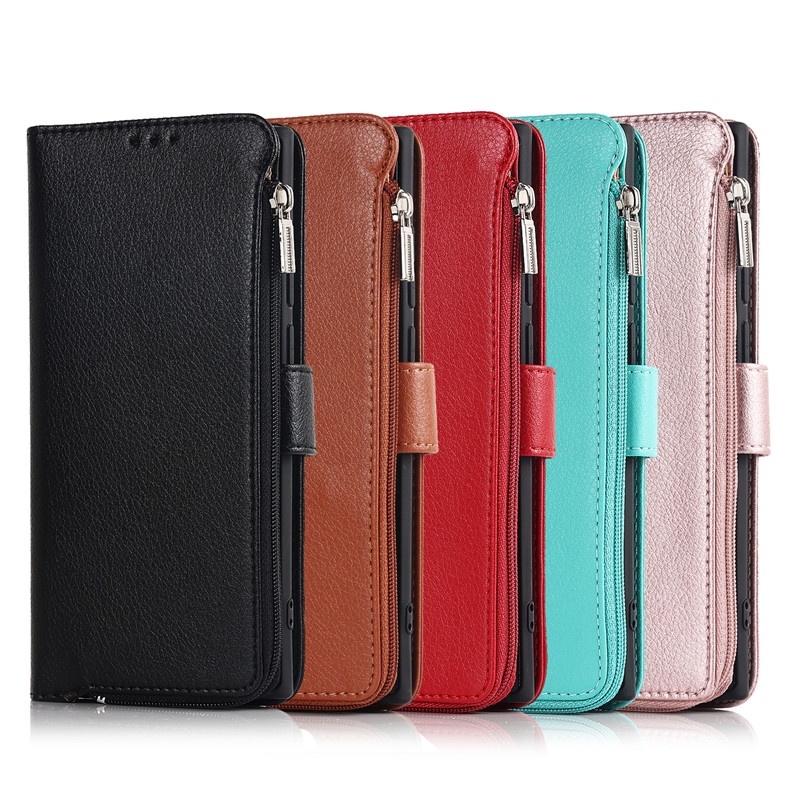 Ốp Điện Thoại Da Pu Màu Trơn Kèm Ngăn Đựng Thẻ Có Khóa Kéo Cho Iphone 13 Mini 12 11 Pro Max