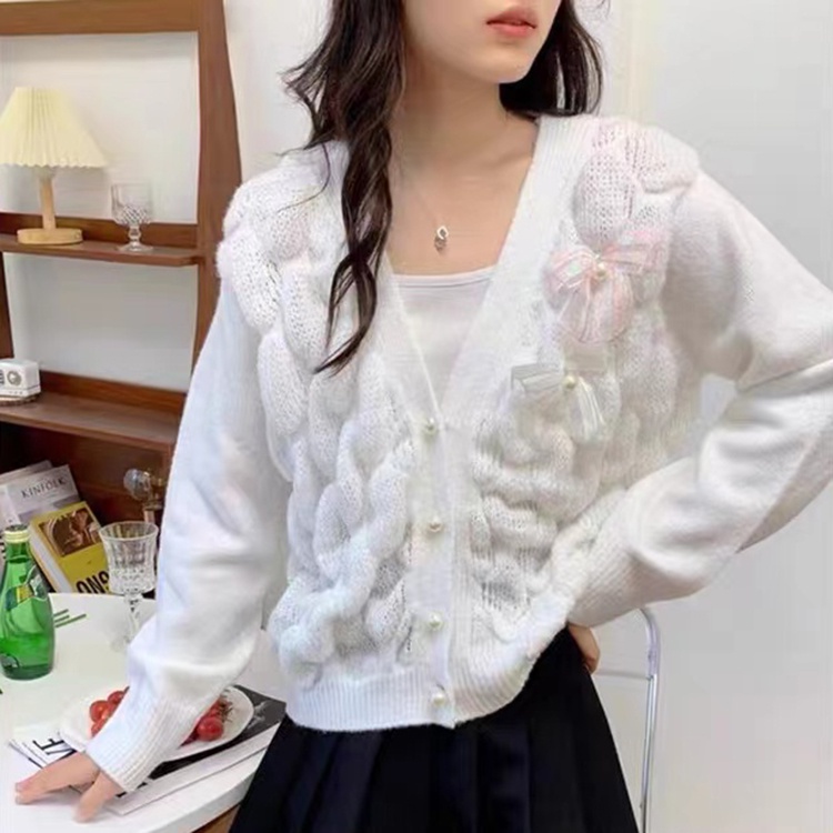 Áo dệt kim IELGY tay dài dáng rộng cổ chữ V phối thắt nơ xinh xắn cho nữ