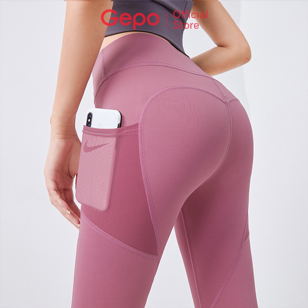 Quần tập gym yoga nữ cạp cao nâng hông bó sát đàn hồi có túi đựng điện thoại GEPO GP103
