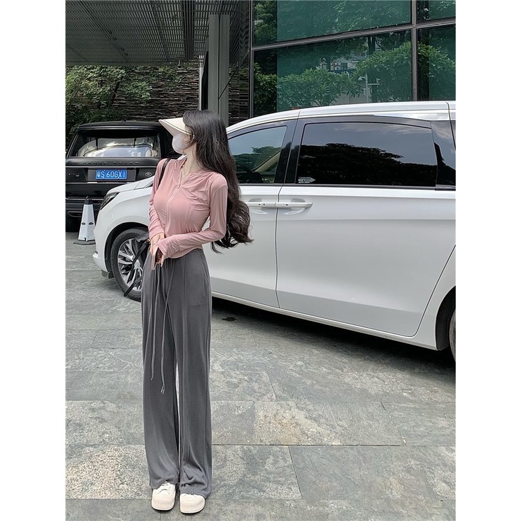 Set đồ COZOKC gồm áo thun tay dài dáng ôm và quần ống rộng thời trang cho nữ