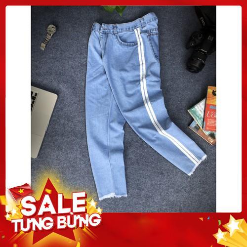 [QUẦN BAGGY JEAN] Baggy jean unisex không rách line 2 sọc trắng gấu tua B04 có hình thật -Hàng nhập khẩu