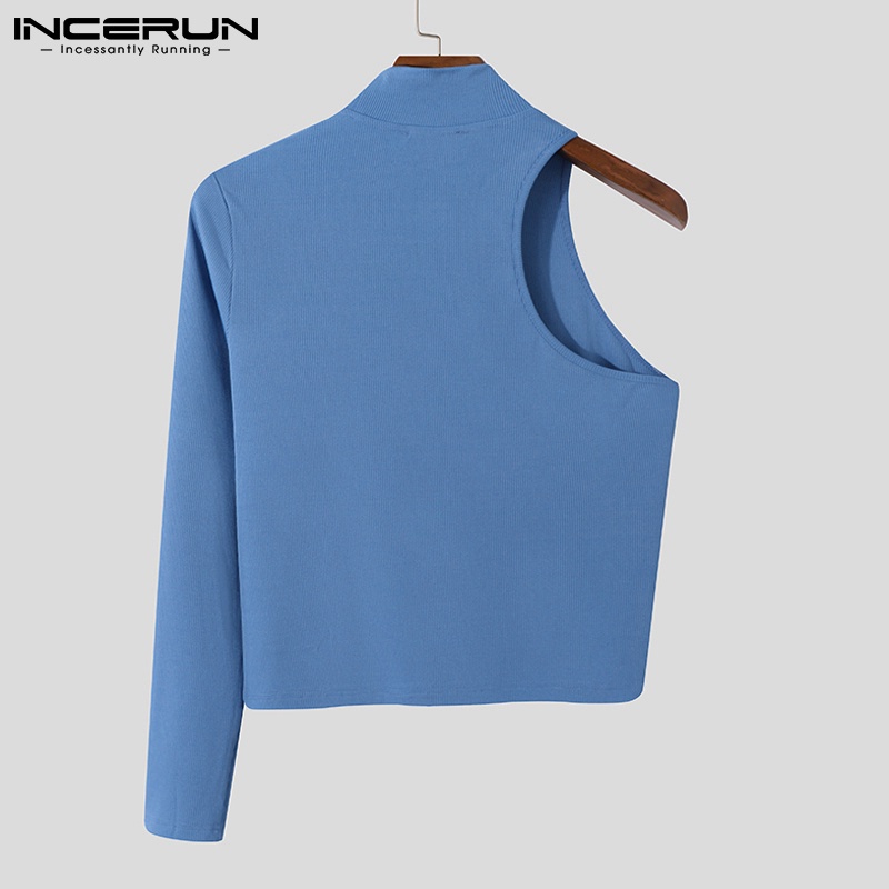 Áo thun thân ngắn INCERUN dáng ôm vừa vặn tay tay dài một bên 3 màu tùy chọn thời trang cho nam