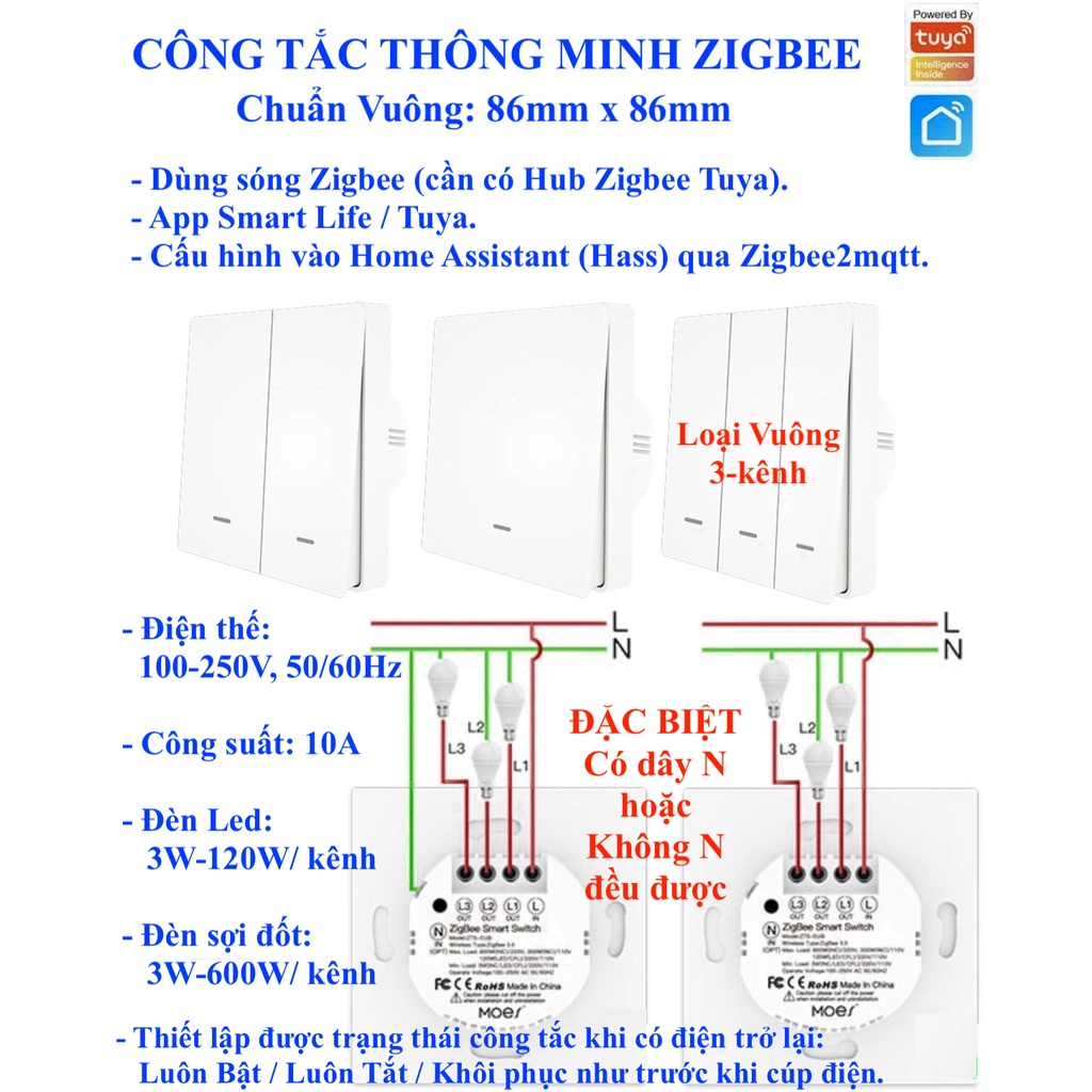 Công tắc thông minh hệ Tuya, Zigbee, chuẩn vuông Châu Âu 86x86, App Smart Life/ Tuya/ Home Assistant (Hass)-