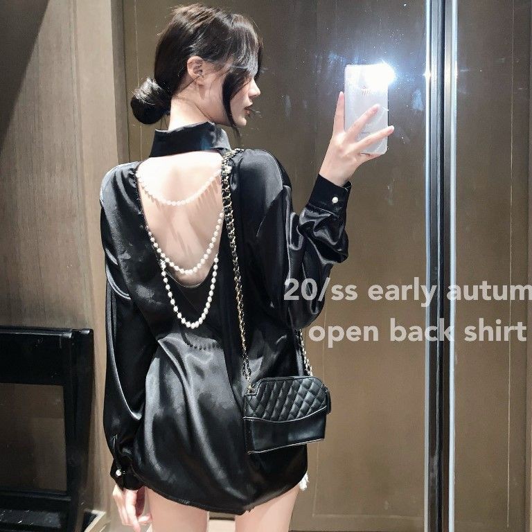 (ORDER) Áo sơ mi satin khoét lưng dây ngọc - Hàng Quảng Châu