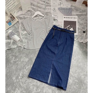 [Hàng T7_]Set áo váy_Set áo thun kẻ sát nách có độn vai trendy mix cùng chân váy jeans kèm đai như hình + ẢH CẬN CHẤT