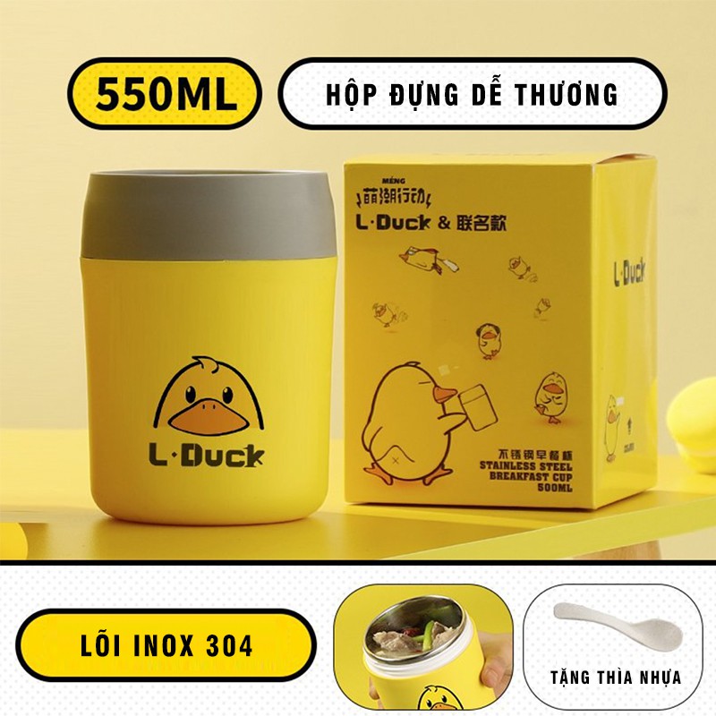 COC4 Hộp đựng canh Cốc ủ cháo giữ nhiệt dễ thương hình chú vịt vàng có thìa nhựa lõi INOX giữ nhiệt cực tốt tiện lợi