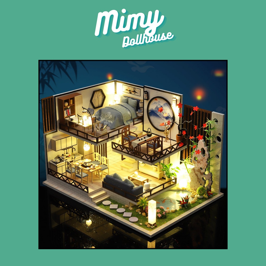 (Tặng mica, keo dán chuyên dụng, đèn...) Mô hình nhà búp bê gỗ Ink Fragrance Bamboo Rhyme M029 tự lắp ráp DIY dollhouse