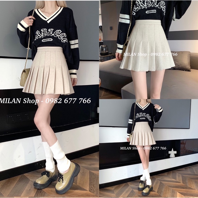 Chân váy dạ ngắn trên gối xếp ly có lót quần Quảng Châu