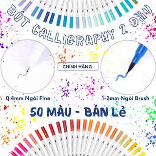 Bút lông màu nước 2 đầu full 50 màu ngòi lông thư pháp nét 2mm và ngòi kim nét 0.4mm