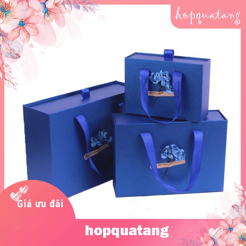 Hộp Quà Tặng Kèm Túi Màu Xanh Gắn Hoa Dạng Kéo Cao Cấp