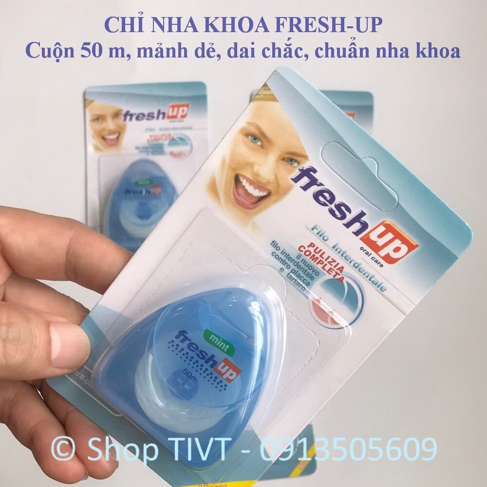 Chỉ nha khoa Fresh Up 50m, hương vị bạc hà, thương hiệu Ý, loại bỏ, làm sạch thức ăn giắt trong khe kẽ răng-TIVT