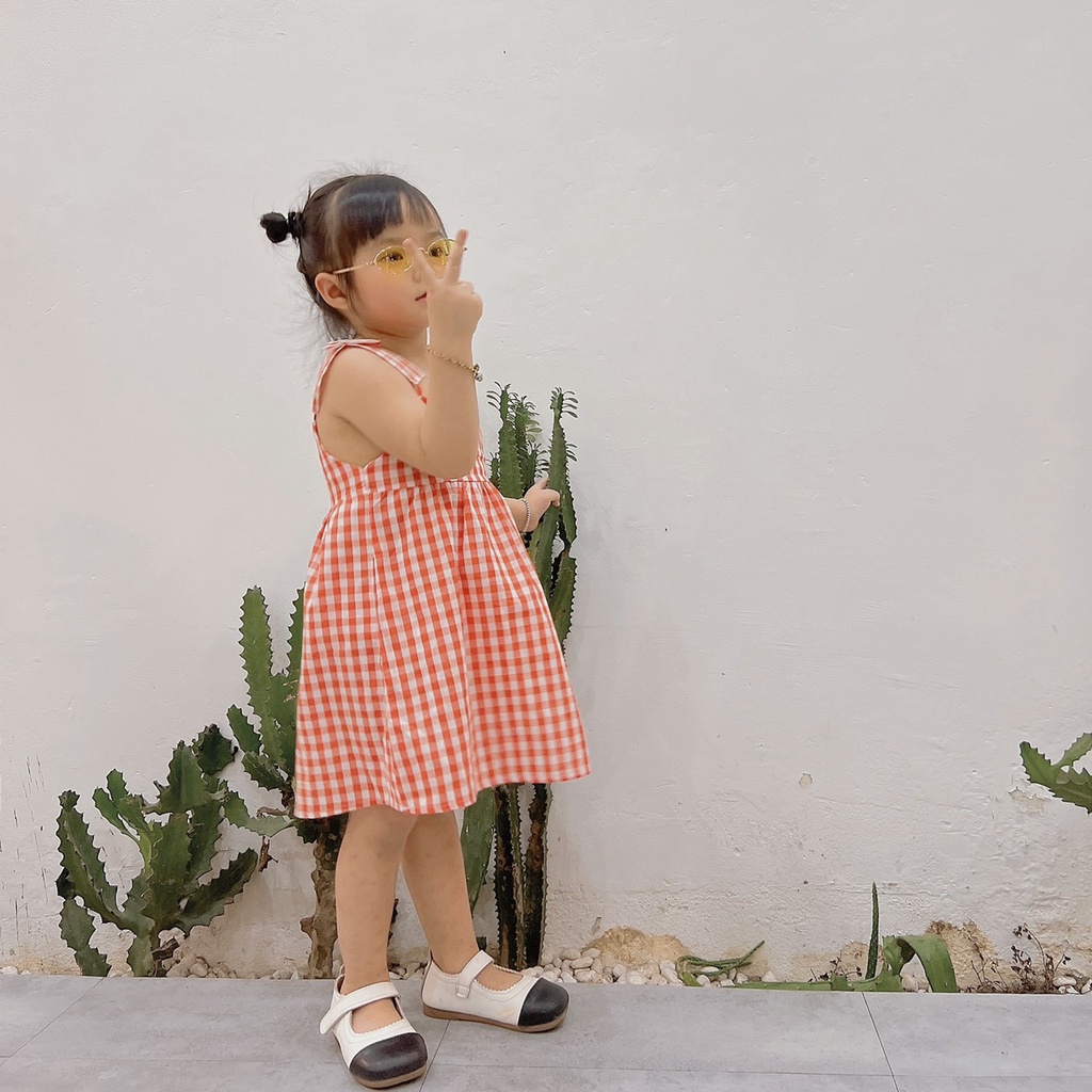 VAY55 - Váy bé gái, Váy xòe 2 dây, chất đũi thô, váy kẻ màu cam cho bé từ 10-20kg