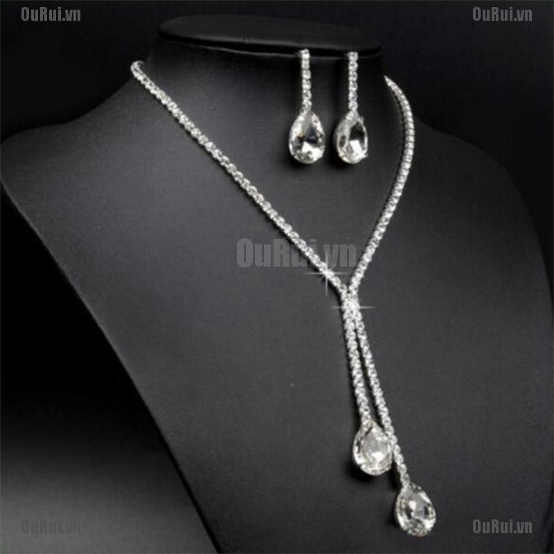 (FCC) Bộ Vòng cổ + Bông Tai Hình Giọt Nước Sang Trọng