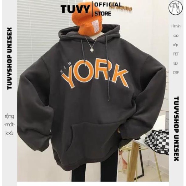 Áo Hoodie Nữ TUVY Áo Hoodie Vải Nỉ Lót Bông Dày Dặn Thêu York Unisex Form Rộng