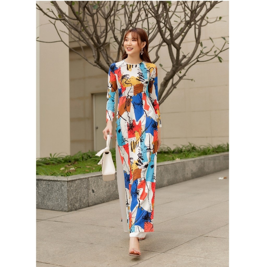 Áo dài truyền thống xanh cổ tròn vải đủi lập thể dãn nhẹ có nhiều size