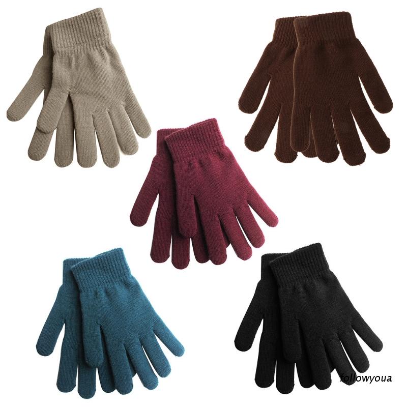 Găng tay dệt kim dày dặn phối lông màu trơn giữ ấm mùa đông 5 màu sắc cơ bản tùy chọn cho nam và nữ