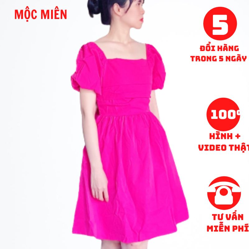 Đầm babydoll cổ vuông nơ lưng bảng to BB01