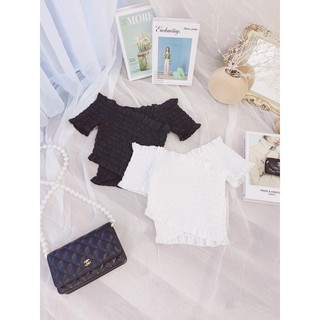 Áo croptop nhún thun đắp chéo bèo
