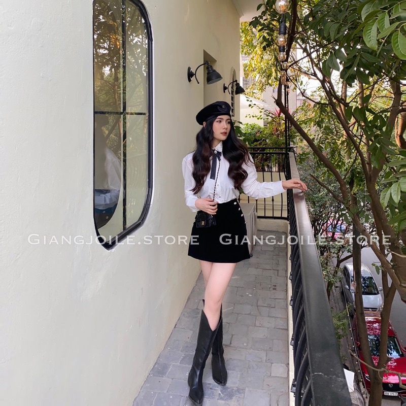 Giangjoile Somi cổ nơ + chân váy nhung chữ A